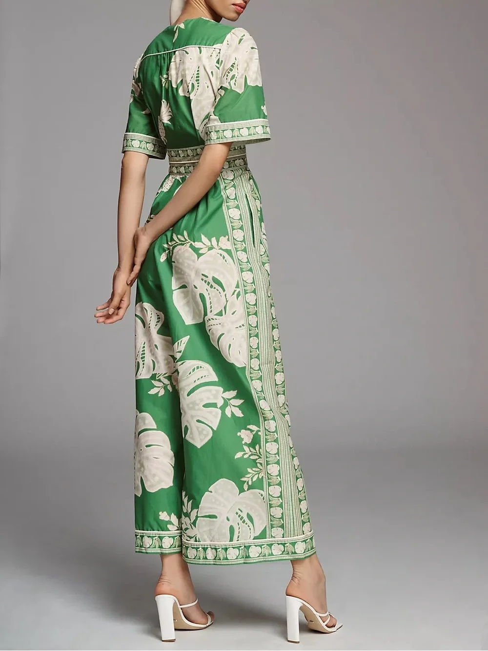 FARM Rio Green & Cream Lace Monstera V-Neck Jumpsuit with Button Front Wide Leg - Picture 3 of 9